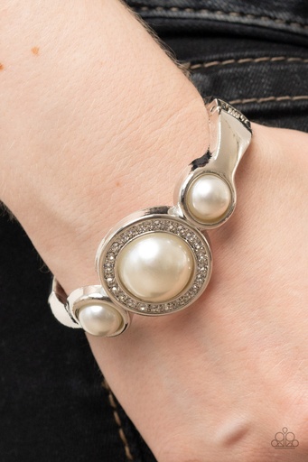 [287] White Pearl Bracelet Hinged Silver Band with Crystals - Debutante Daydream