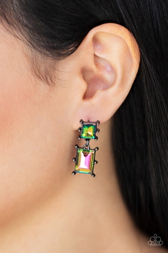 [310] Multi Color Oil Spill Gunmetal Dangle Post Earrings - Cosmic Queen