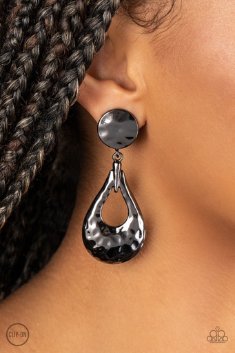 [319] Black Clip-on Earrings Hammered Gunmetal  - Metallic Magic