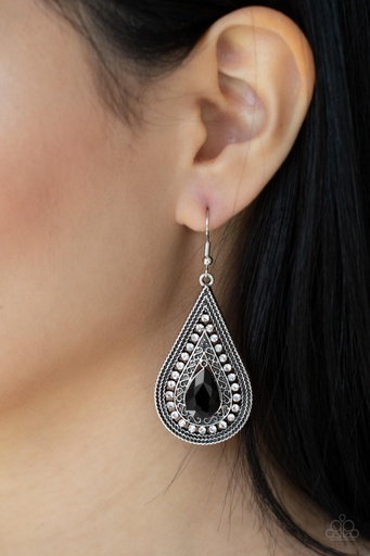 [324] Black Teardrop Dangle Earrings with Crystals - Metro Masquerade