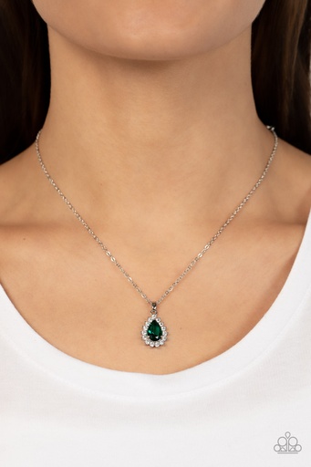 [347] Green Necklace Delicate Teardrop Gem and Crystals in Silver Chain - A Guiding SOCIALITE