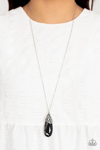 [351] Black Necklace Long Teardrop Gem on Silver Chain - Dibs on the Dazzle