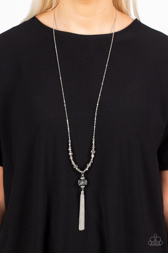 [352] Long Necklace Crystal Sphere Smoky Beads and Silver Tassel - One SWAY or Another