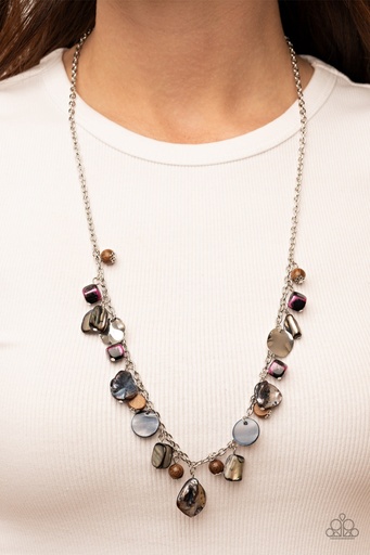 [354] Rock Necklace Wood Beads and Silver Discs Iridescent Jewelry in Silver Chain - Caribbean Charisma