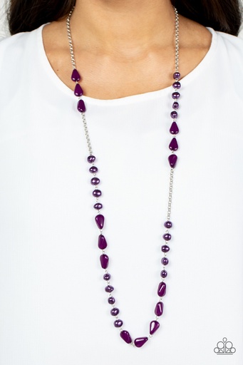[370] Purple Necklace, Beaded in Pearly, Crystal, and Acrylic Purple Beads - Silver - Juicy Gossip