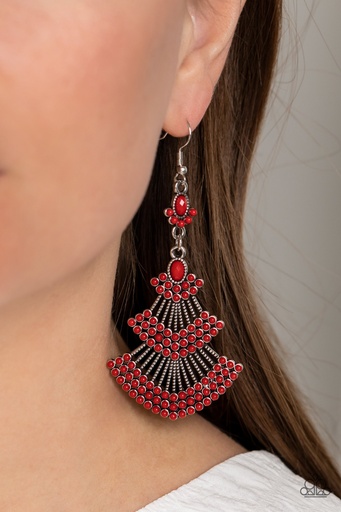 [372] Red Earrings, Dangle with Silver Frame - Eastern Expression