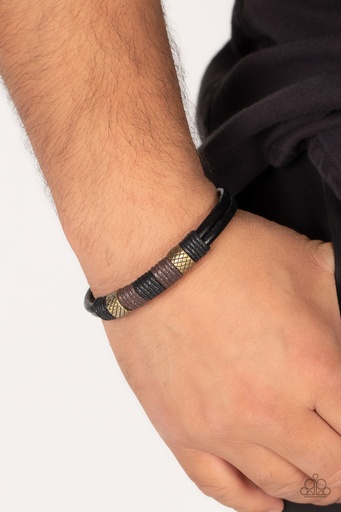 [B048XX] Black Leather Bracelet - Boyfriend Urban - Brass Beads - Forest Dweller