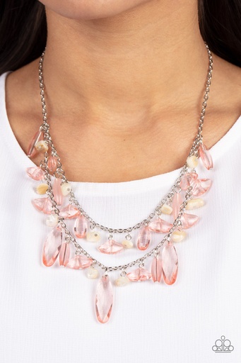 [N433XX] Layered Necklace Pink Beads and Pebbles in Silver Chain - Candlelit Cabana