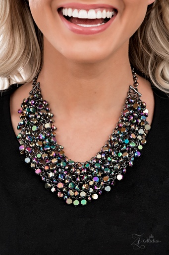 [Z2112] Iridescent Necklace Short Oil Spill Fringe - Gunmetal - Vivacious