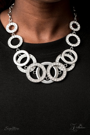 [Z2008] Statement Necklace Silver Circles with Crystals - The Keila