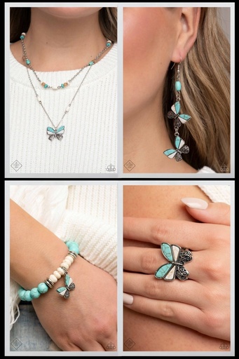 [392] Butterfly Jewelry Set with Turquoise and White Stone in Silver - Fashion Fix - Blue Flutter