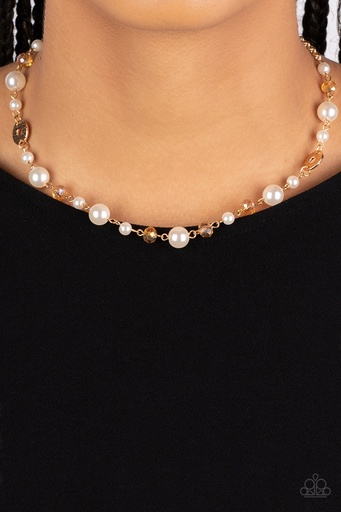 [399-N] Pearl Necklace - Golden Crystal Beads in Gold Chain - Traditional Transcendence