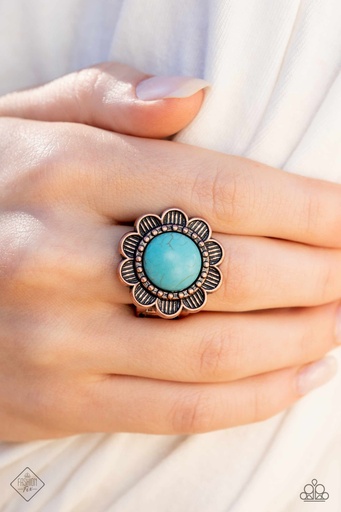 [422-R] Turquoise Flower Ring Copper Adjustable Ring Band - Backwoods Band