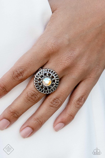 [421-R] Iridescent Crystal Ring Stretch Silver Adjustable Ring Band - Botanical Backdrop