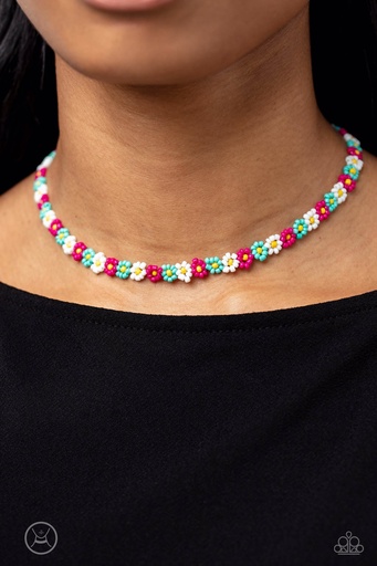 [449] Flower Choker Seed Bead Necklace Pink, Green and White - SEED Limit