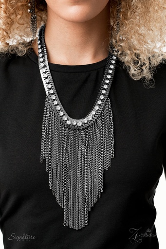 [460] Black Bib Necklace Set, Fancy Earrings - Gunmetal Fringe - The Alex