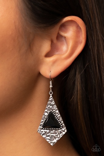 [359-E] Edgy Earrings with Black Gem in Hammered Silver Kite Frame - Cosmic Destination