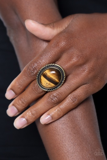 [495] Tiger's Eye Stretch Ring Brass Adjustable Ring Band - Stone Terrarium