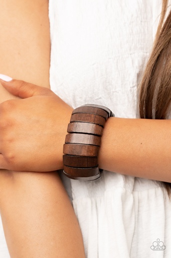 [166-B] Brown Wood Statement Bracelet Stretch - Boardwalk Bonanza