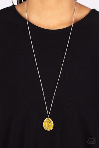 [169-N] Teardrop Necklace with Iridescent Shell Finish Fleck on Yellow Pendant - Shimmering Seafloors
