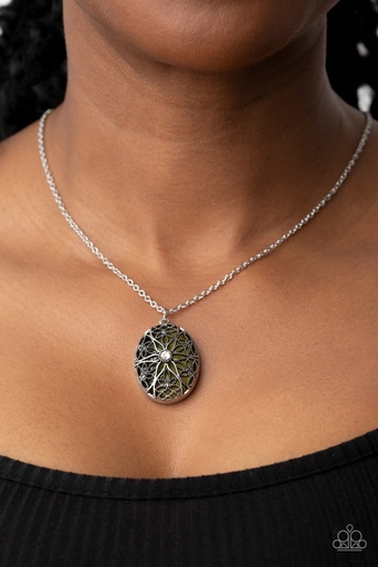 [448-N-GR] Pendant Necklace Dark Green Moonstone Floral Cage in Silver - Venice Vacation