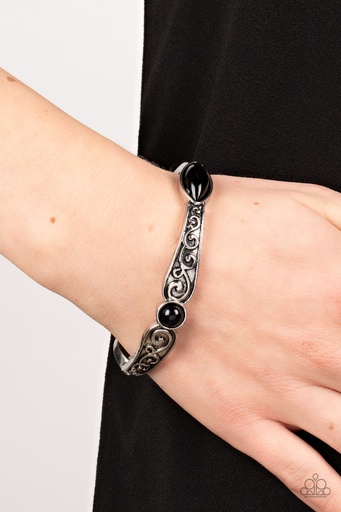 [261-B] Stretch Bracelet Black Beads and Silver Bands - Veranda Variety