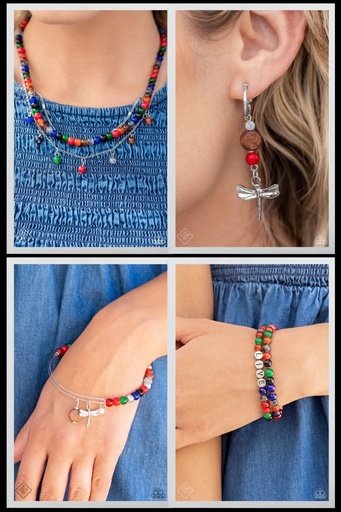 [538-SSF] Dragonfly Earthy Stone Jewelry Set in Silver with Multi Color Beads - Fashion Fix - Need for Beads