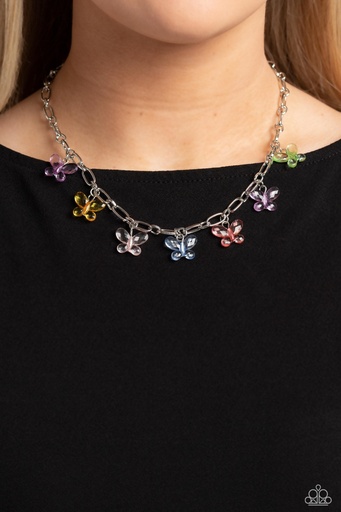 [529-N] Butterfly Necklace with Paperclip Chain in Silver and Multi Color - Butterfly Balance
