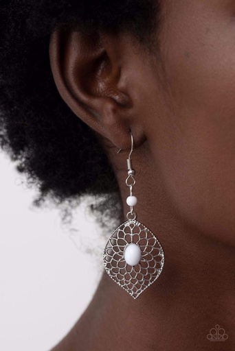 [411-E-WT] Silver Filigree Earrings White Beads - Perky Perennial
