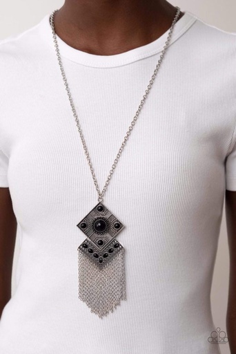 [569-N-BK] Tassel Necklace with Black Beads and Long Silver Chain - Kite Flight