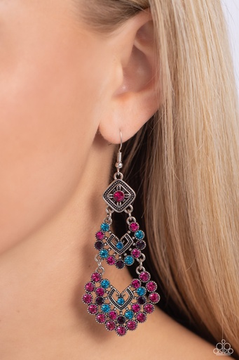 [114-E] Long Crystal Earrings Multi Colored Chandelier Dangle in Silver Frame - All For The GLAM
