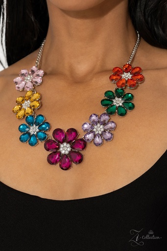[548] Crystal Flower Statement Necklace with Crystals Multi Color Inspirational Zi Necklace - Outgoing