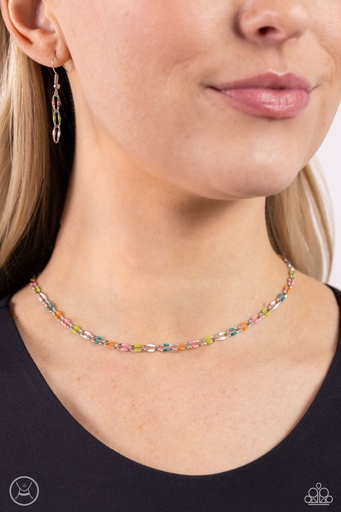 [566] Trendy Multi Color Chocker Necklace in Silver Chain - Admirable Accents