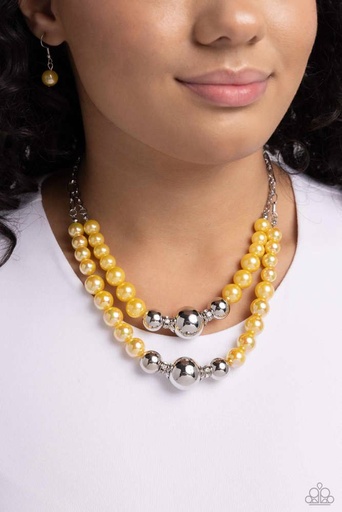 [582-N] Layered Necklace with Yellow Pearls Lemon Color and Silver Beads and Silver Clasp - Ballroom Balance